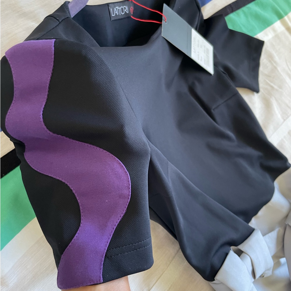 NWT Black and Silver Metallic A Line Midi Dress short sleeve w purple sz XS / S - Picture 4 of 11